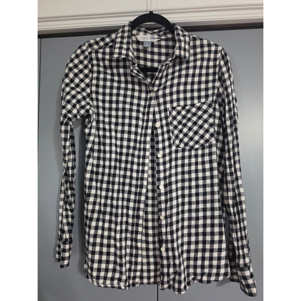 Old Navy Button Down Shirt Womens Medium Black White Excellent Gingham Check